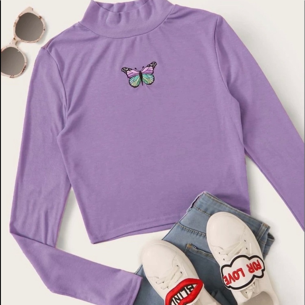 Top Butterfly Embroidery Mock Neck Purple Tee